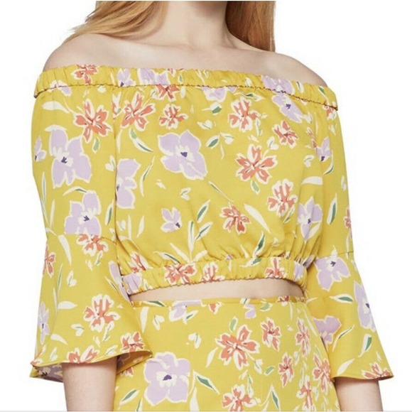 NEW BCBGENERATION Off the Shoulder Yellow Floral Crop Top Medium Spring Boho A11 - Picture 1 of 6